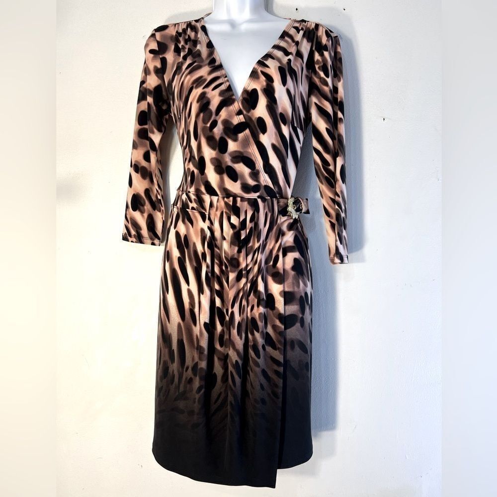 🌸 b3 Jennifer Lopez Brown Ombré Faux Wrap Animal Print Dress Size M (AA4)